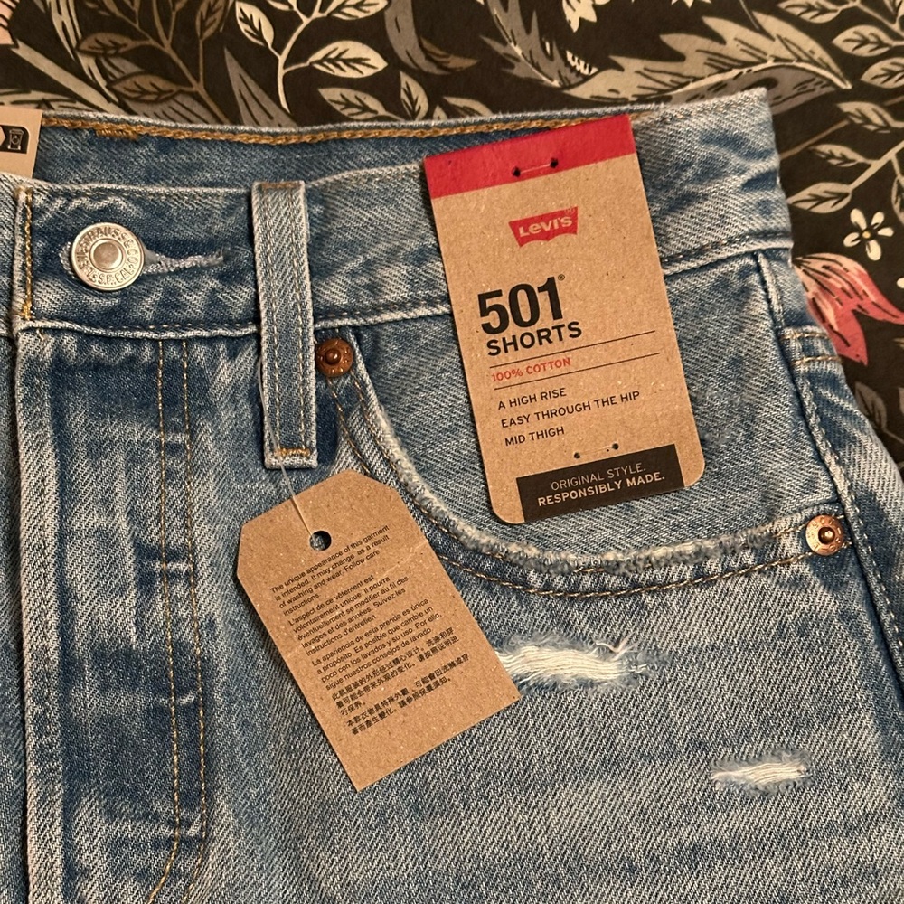 Levi's 501 Mid Thigh High Rise Jean Shorts Deconstructed Medium Indigo 24 - Picture 4 of 7